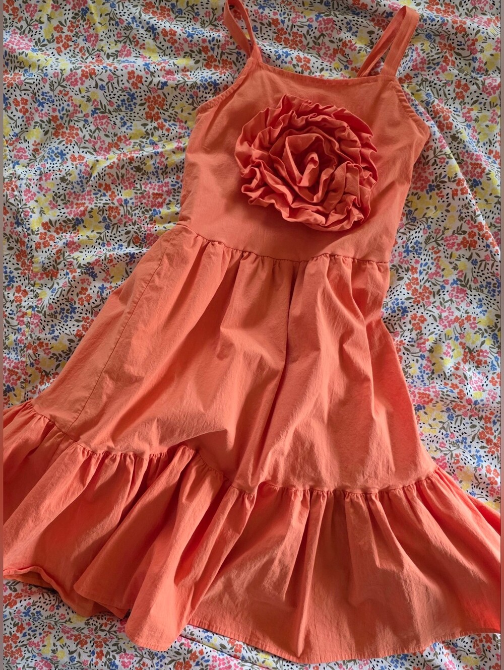 Kiwi Ruffle Rose Tiered Sundress In Melon Orange - Imported Cotton Dress Sz 16